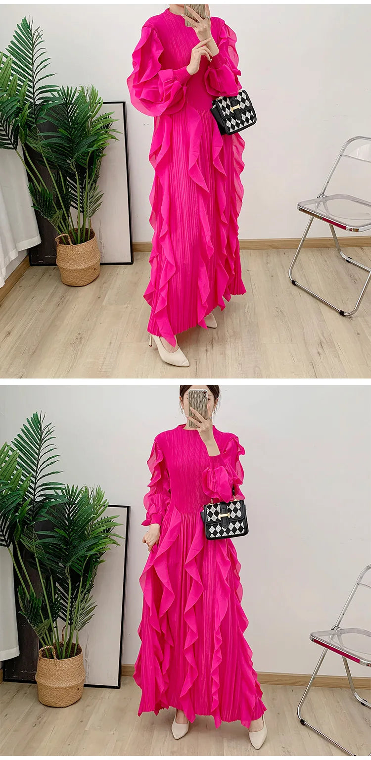 Fashion Ruffles Pleated Dress Women Round Neck Flare Sleeves Solid Maxi Belt Dresses Party 2025 Autumn New