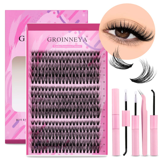 مجموعة تمديد الرموش GROINNEYA DIY رموش فردية، مجموعة رموش مختلطة، مجموعة كاملة من الرموش مع رابطة الرموش وختمها في المنزل