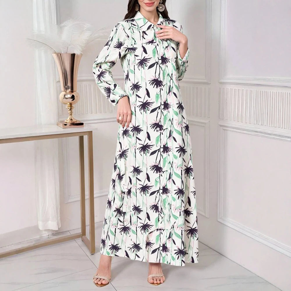 Rafiah Women's Arabian Dress Summer Fashion Basics Button Patchworkr Long Sleeve Crew Neck Midi A-Line Long Casual Dress