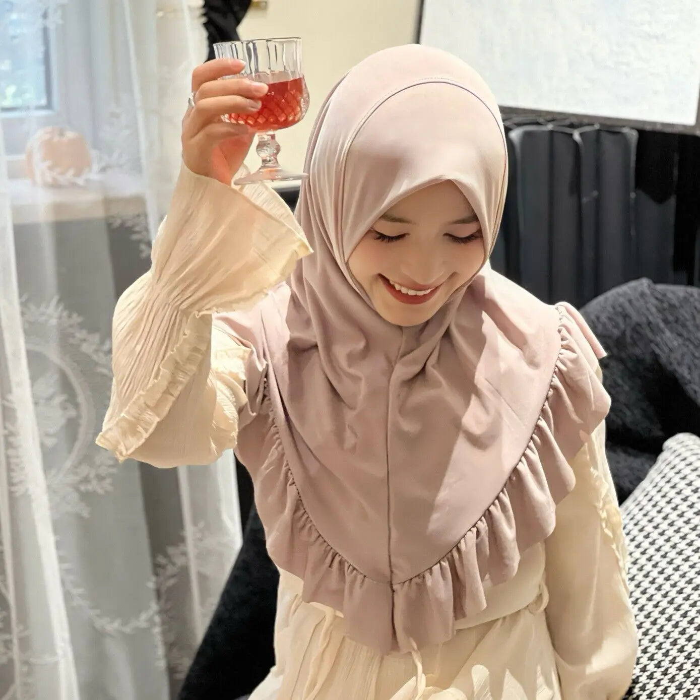 Muslim Hijab for Women Ruffle Turban Islamic Headwraps Arab Headband Big Khimar One Piece Scarf Shawl Solid Color