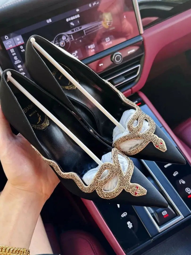 Silver Crystal Snake Wrapped Point Toe Pumps Women Elegant Bling Sole Stilettos Summer Fashion Office Ladies Chic Banquet Pumps
