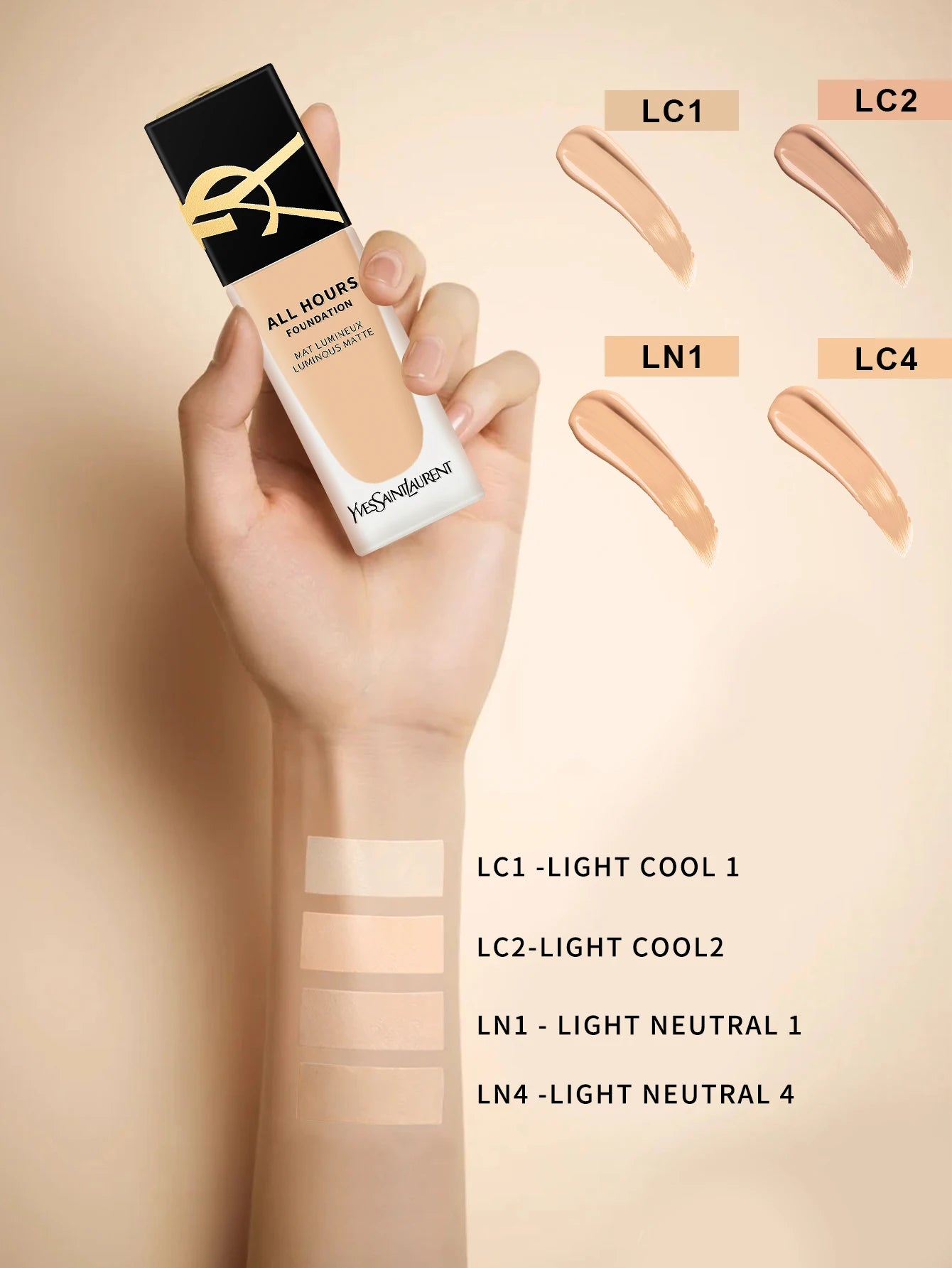 Yves Saint Laurent All Hours Foundation Full Cover Luminous Matte-All Day Long Wear SPF 20 #LC1 #LC2 #LN1 #LN4 - 0.84 fl.oz./25m