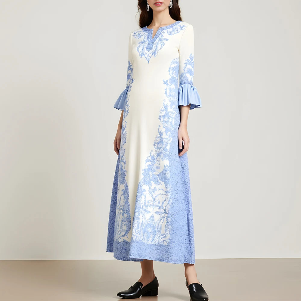 Rafiah Summer Arabian Dress 2025 Casual Traditional Graphic Printing Short Sleeve Split Neck Midi A-Line Long Dress For Women