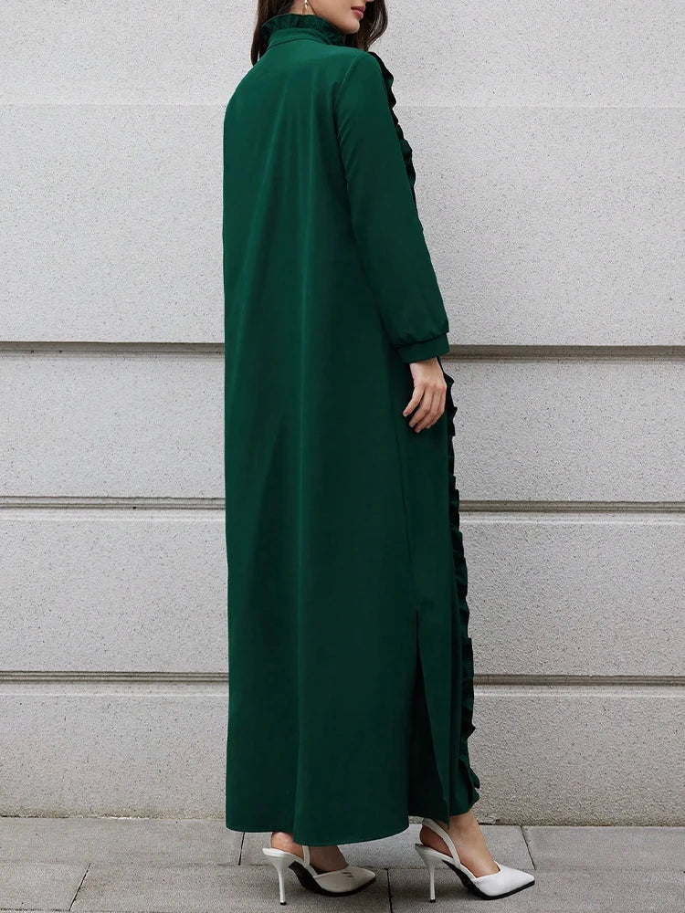 Rafiah Women's Casual Fashion Long Sleeve High Neck Loose Fit Solid Color Dress with Subtle Ruffled Hem Evening Dresses