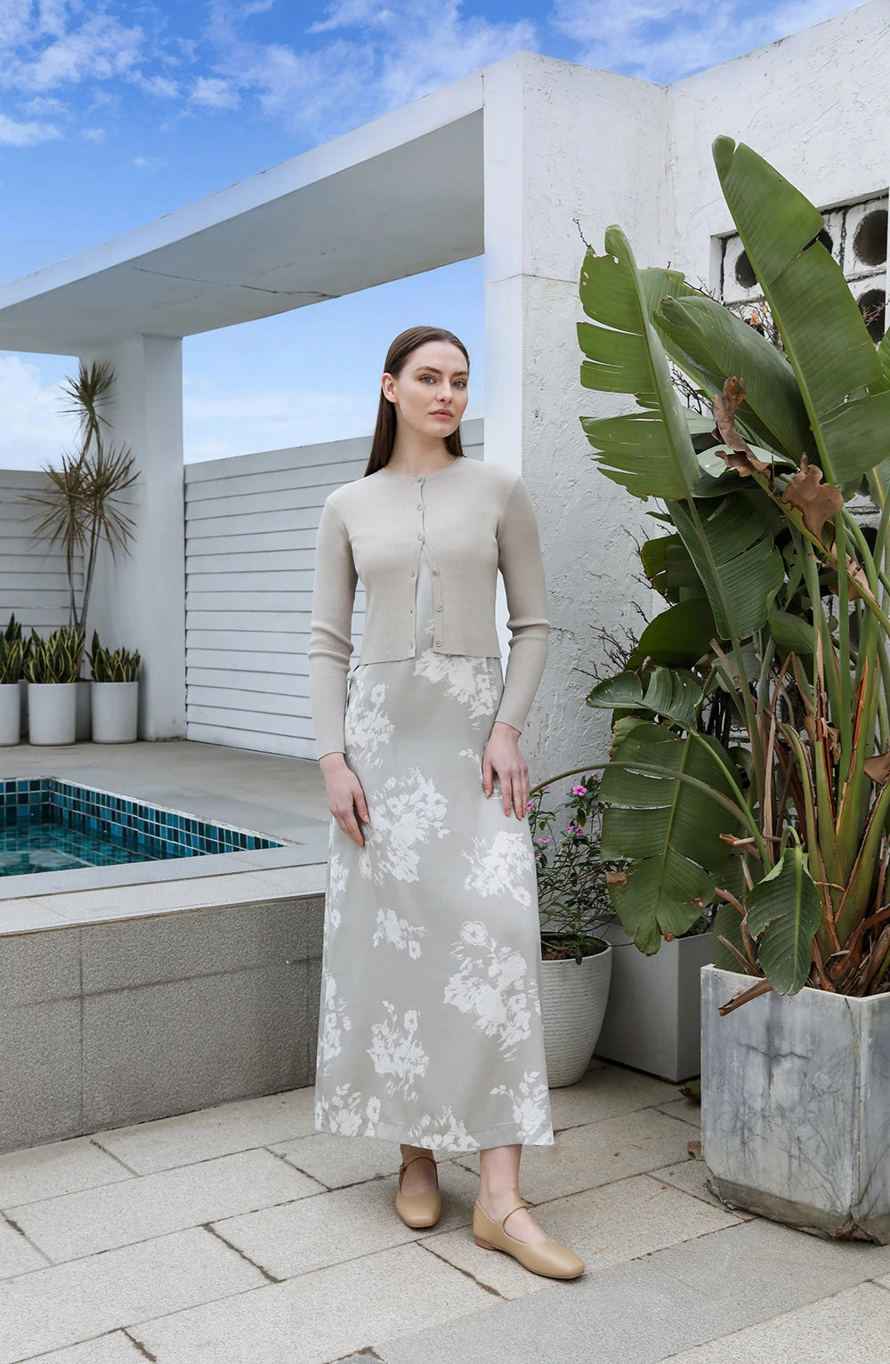 AP 2025 Spring/Summer Women Floral Satin Slip Dress with Knit Cardigan