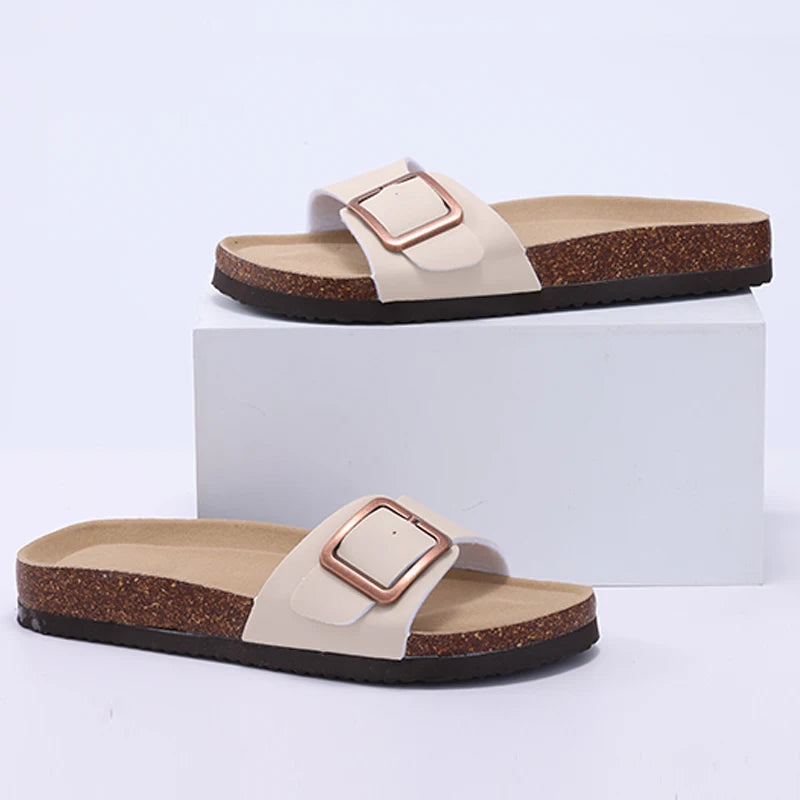 Crestar Women's Summer Cork Slippers 2025 New Outdoor Beach Flip Flops Fashion Leather Orthopedic Sandals With Adjustable Buckle