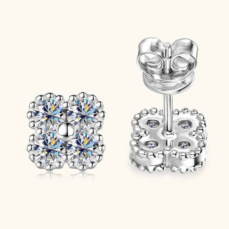 Lnngy 925 Certified Silver Chains Four Leaf Flower Pendant Necklaces 3mm 0.1ct Moissanite Necklace Stud Earring Jewelry Set