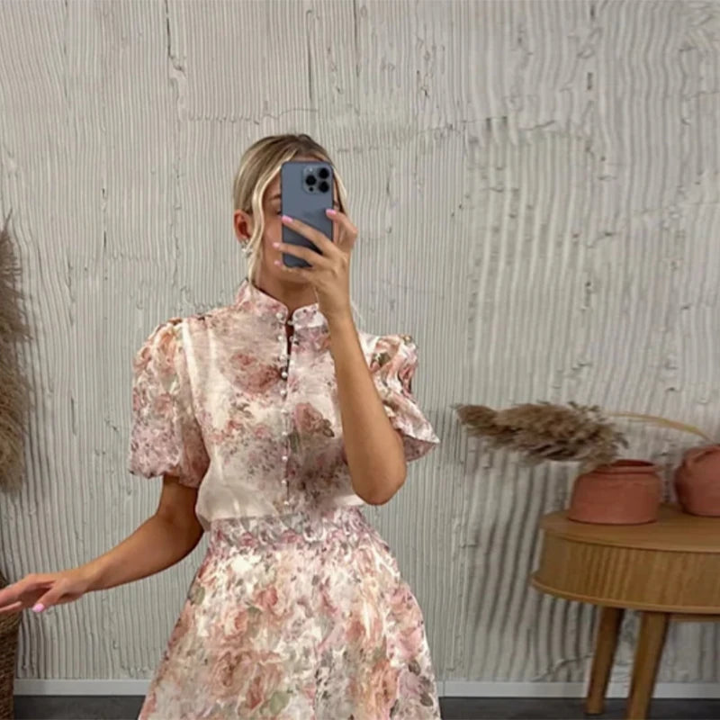 Floral Printed Two-Piece Skirt Set – Loose Full Sleeve Shirt & Pleated Maxi Skirt