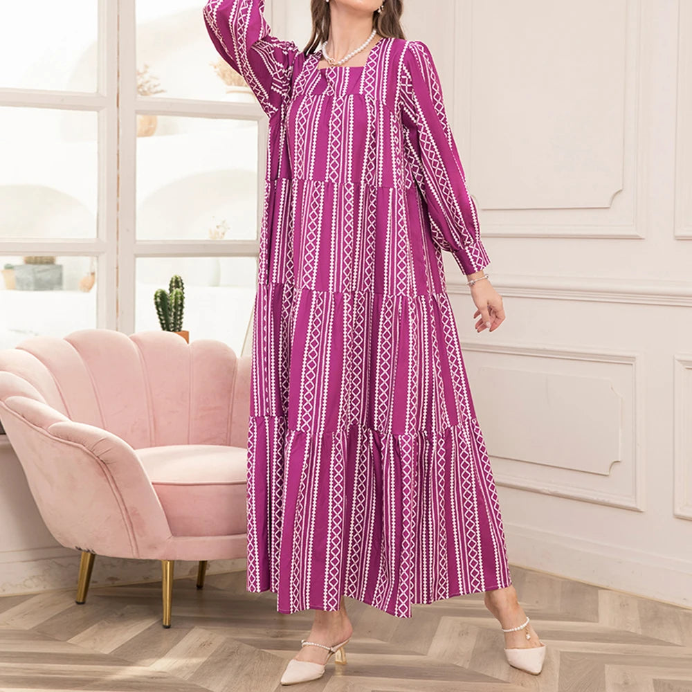 Rafiah Summer Arabian Dress 2025 Casual Basics Stripes Long Sleeve Square Neck A-Line Midi Long Dress For Women