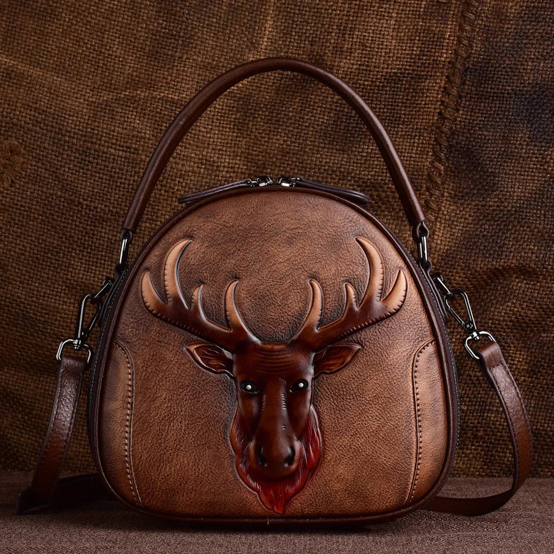 MOTAORA New Embossed Cowhide Shoulder Bag For Women Fashion Small Deer Head Crossbody Bags Chinese Style Genuine Leather Handbag