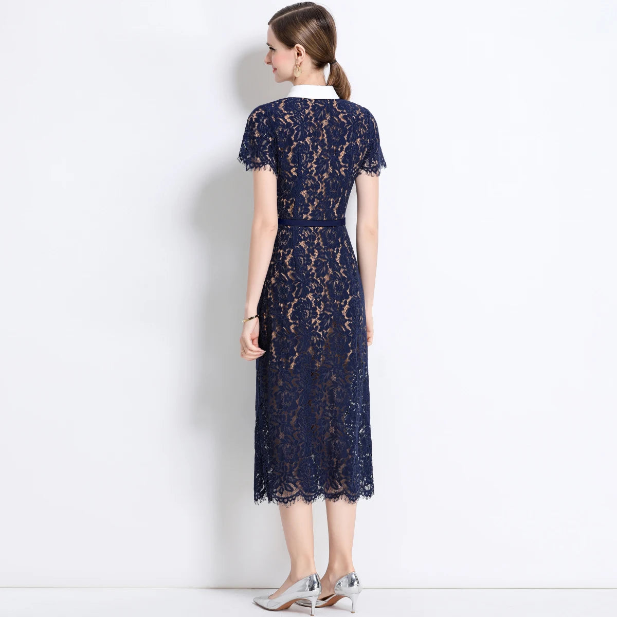 Formal Luxury Evening Long Dress Women Summer Autumn White Peter Pan Collar Hollow Out Blue Pencil Embroidery Lace Dress Party