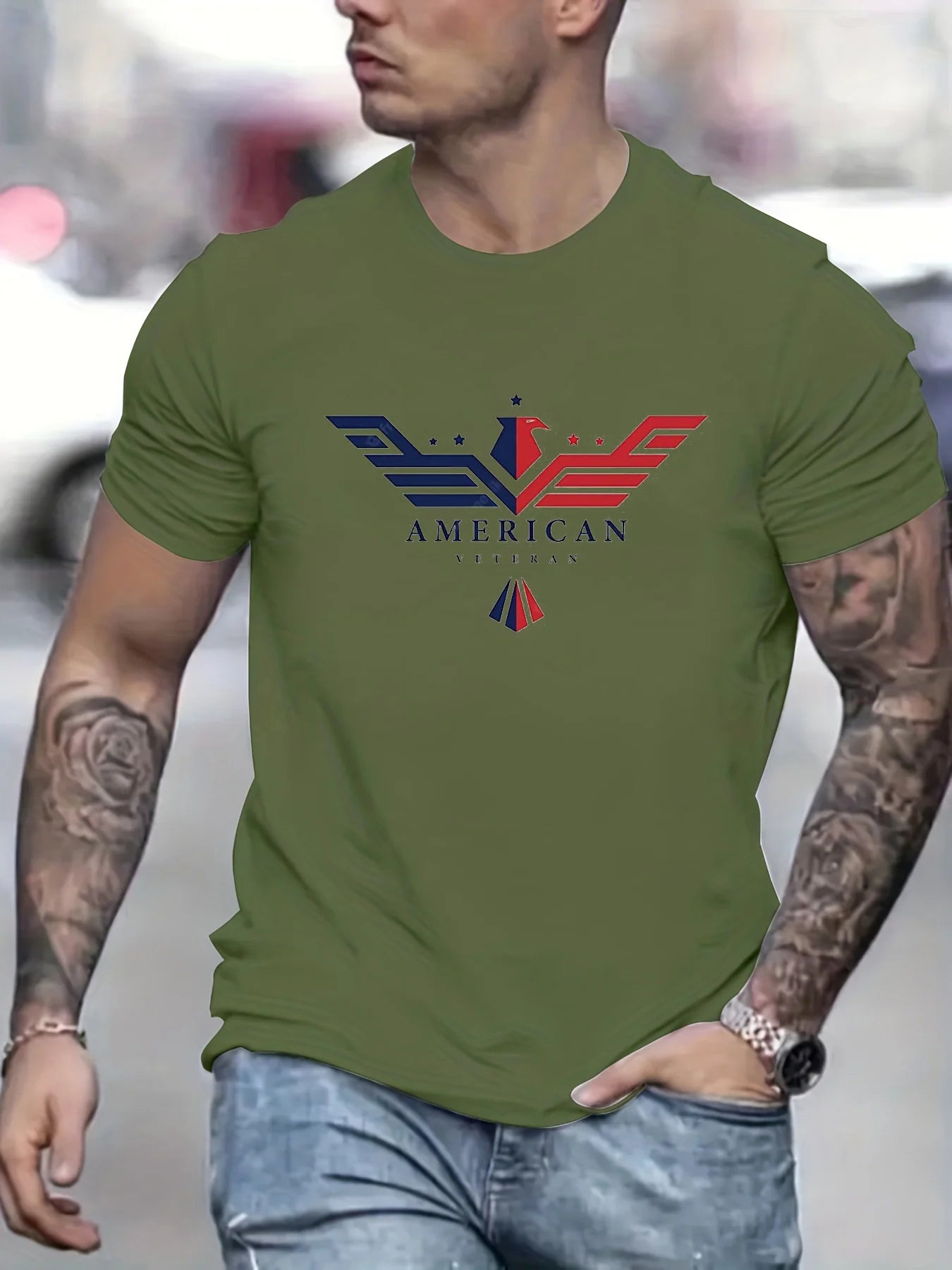 Men’s Summer 100% Cotton Bald Eagle USA Print T-Shirt
