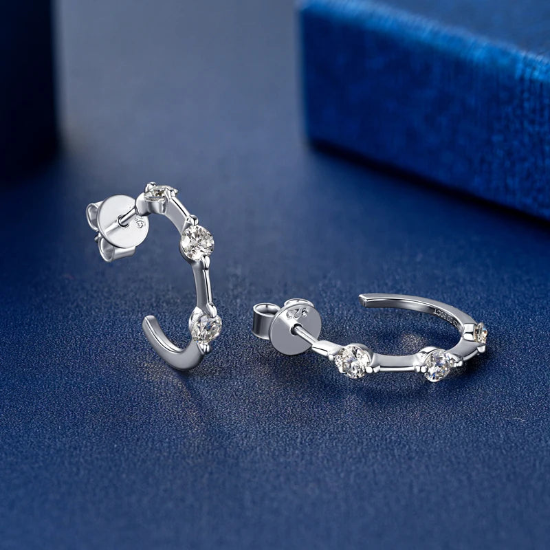 Lnngy Certified 3mm Moissanite Earrings for Women 925 Sterling Silver Unique C-shaped Stud Earring Classic Fine Jewelry Gifts