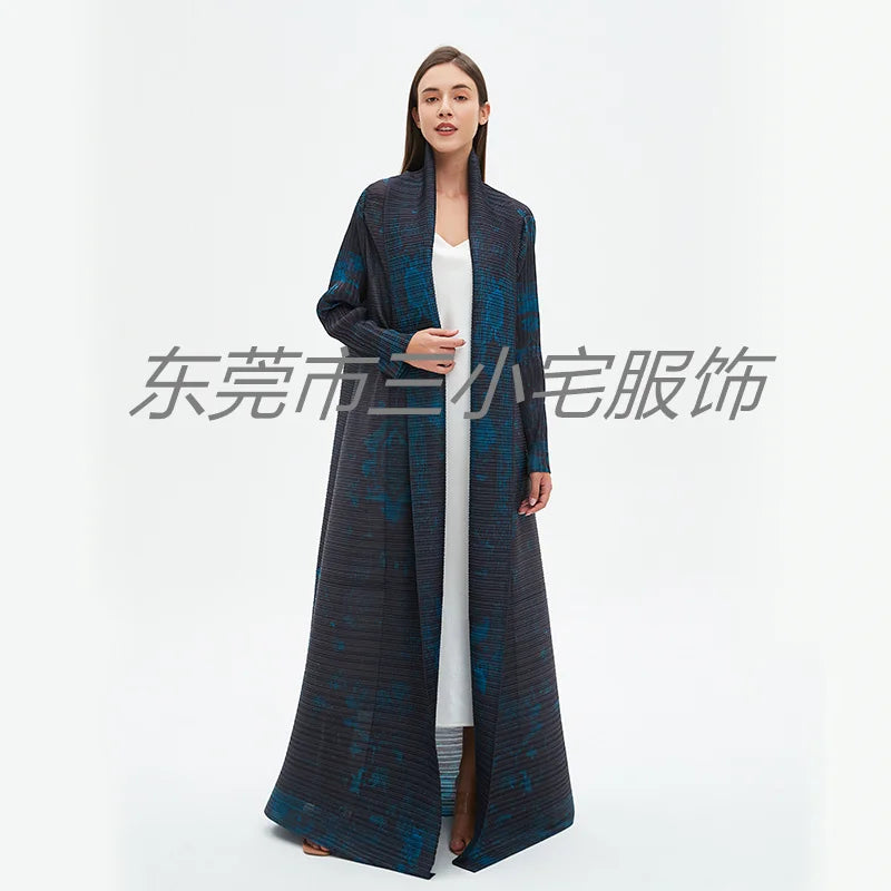 KAF Pleated Women Loose Plus Size Trench Coat 2024 Autumn New Vintage Printed Cardigan Design Arab Female Luxury Abaya