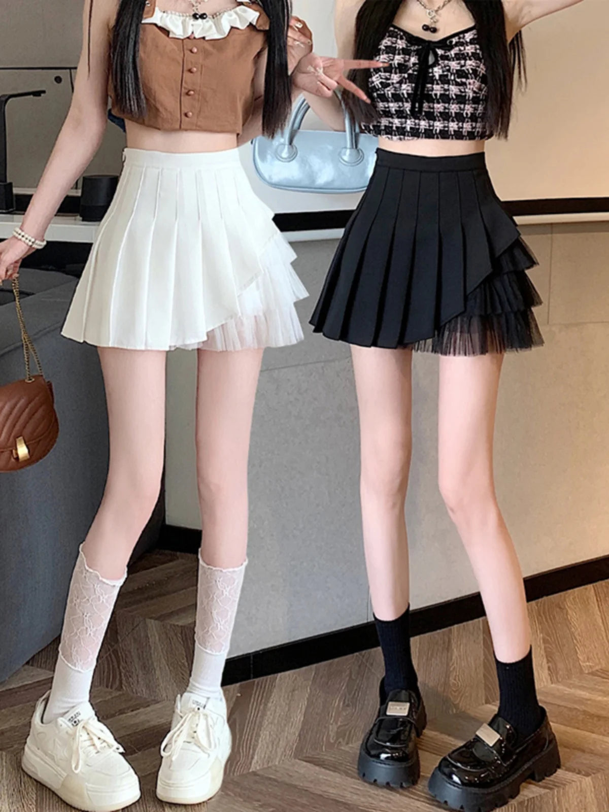 Slimming A-Line Skirt for ort Women High Waist Pleated Commuter Sle Net Gauze f Body Skirts Fem Faion