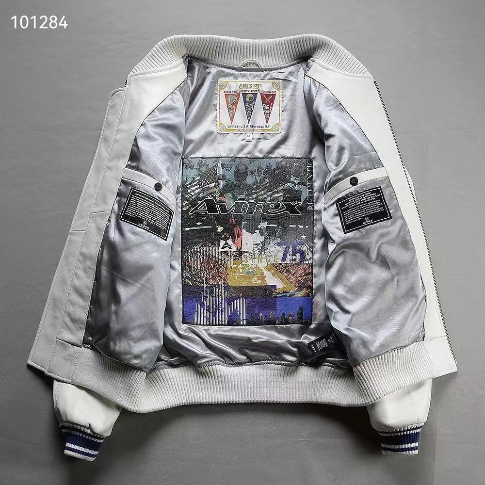 trend Varsity clothes Men's Genuine Leather Baseball Jackets Thickened French Sheepskin Autumn Winter Warm Avirex USA Size Coats