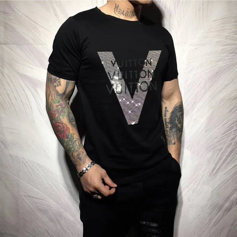 2025 Men's V-Pattern Rhinestone T-Shirt – Short Sleeve Mercerized Cotton Top