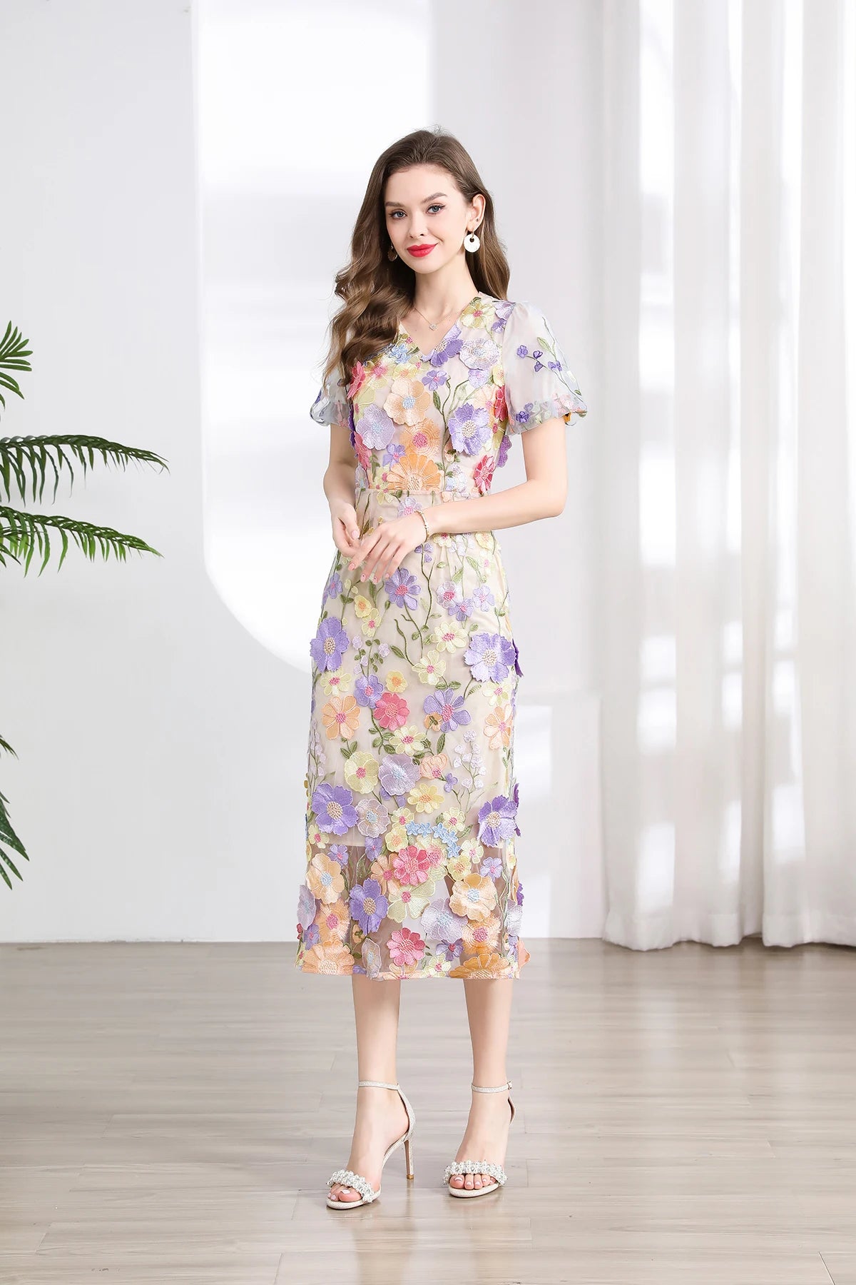 Summer High-end Embroidery Lace Prom Dress Women French Luxury 3D Flower Short Sleeve Long Dress Party Bodycon Holiday Vestido