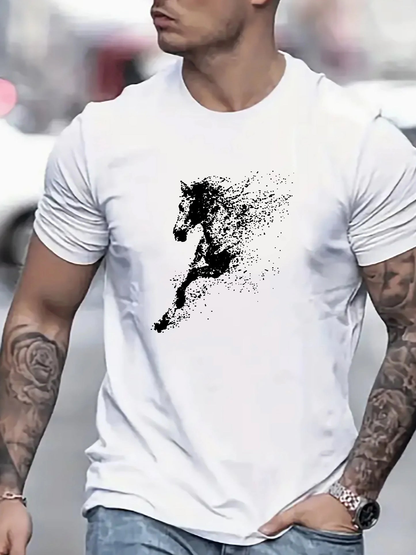 Men's Summer 100% Cotton Fashionable Casual Loose Large Black Horse Pattern Printed Round Neck Short Sleeve T-shirt Top