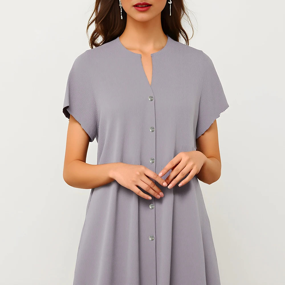 Rafiah Women's Summer 2025 Dress Solid Color Round Neck Button-Front Short Sleeves Flowing Silhouette office Lday Dress