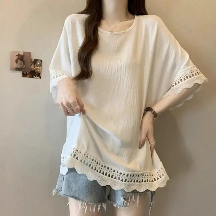 Lace Hollow out Texture ort Sve Women's T-irt Summer plus Size Conceals Belly Slimming Faionable Top Korean Sle