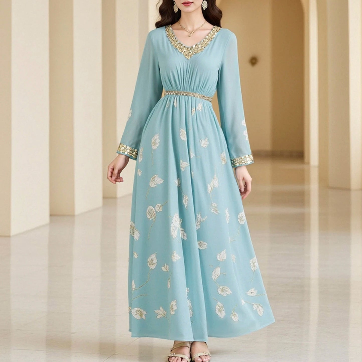 Rafiah Autumn Arabian Dress 2025 Women's Decent Sequins Nipped Waists Long Sleeve V-Neck A-Line Daily Basic Midi Dress
