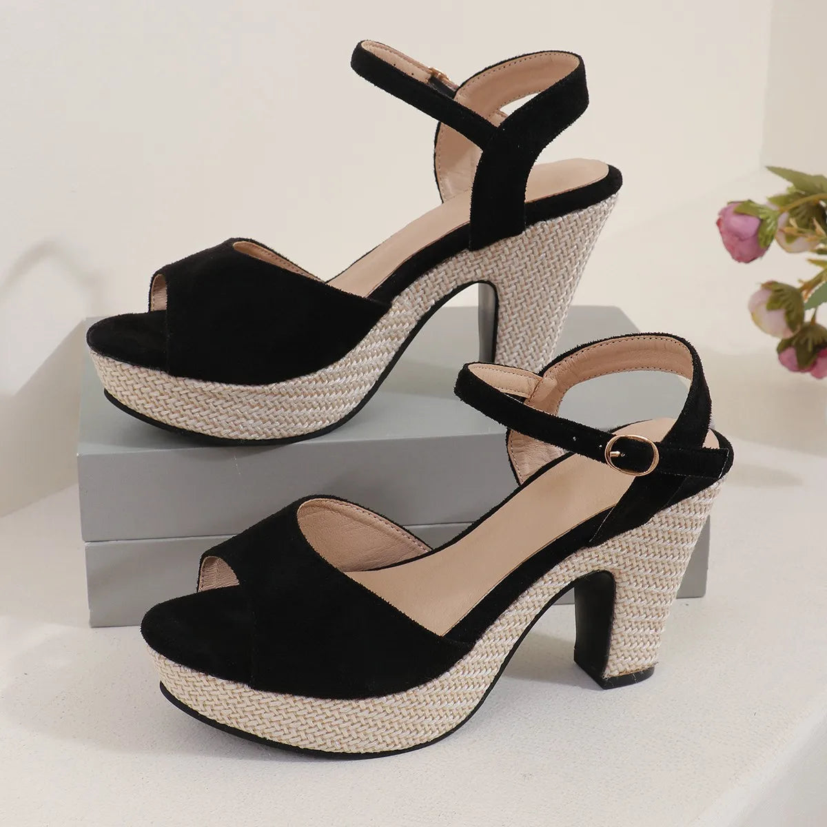 Women Large Size Buckle Strap High Heel Sandals Open Toe Beige Luxury 2025 Casual Shoes