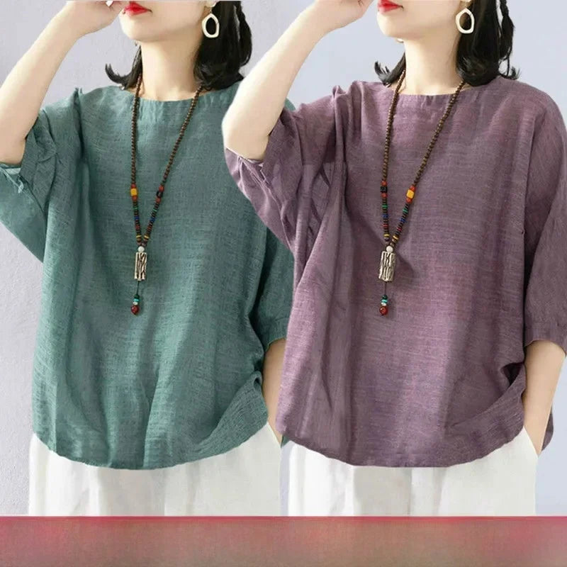 plus Size Women's Cotton T-irt ort Sve Summer New Sle Pure Linen Mid-Age Women's Faionable Commute Ethnic Sle Lo...