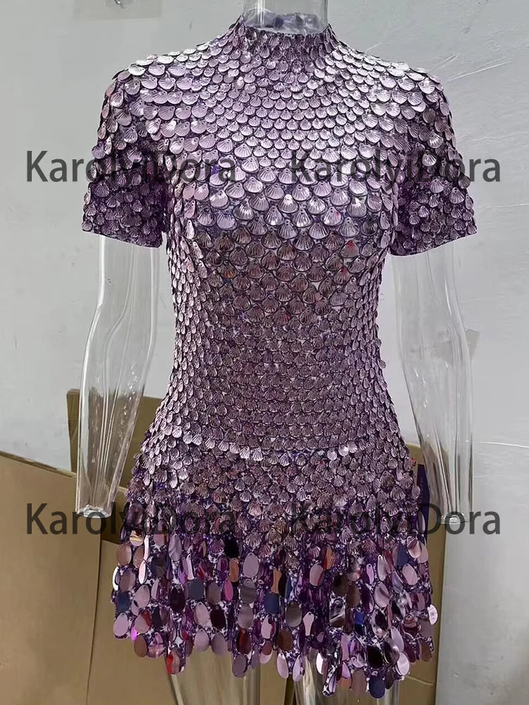 Sexy Black Shell Sequins Mini Dress Nightclub Dance High Quality Performance Clothing Bodysuit Birthday Red Dresses