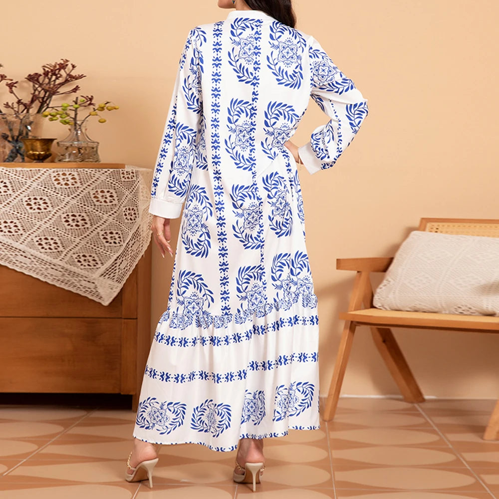 Rafiah Summer Dress 2025 Full Print Women's Elegant Long Sleeve V-Neck A-Line Maxi Dating Arabian Dress