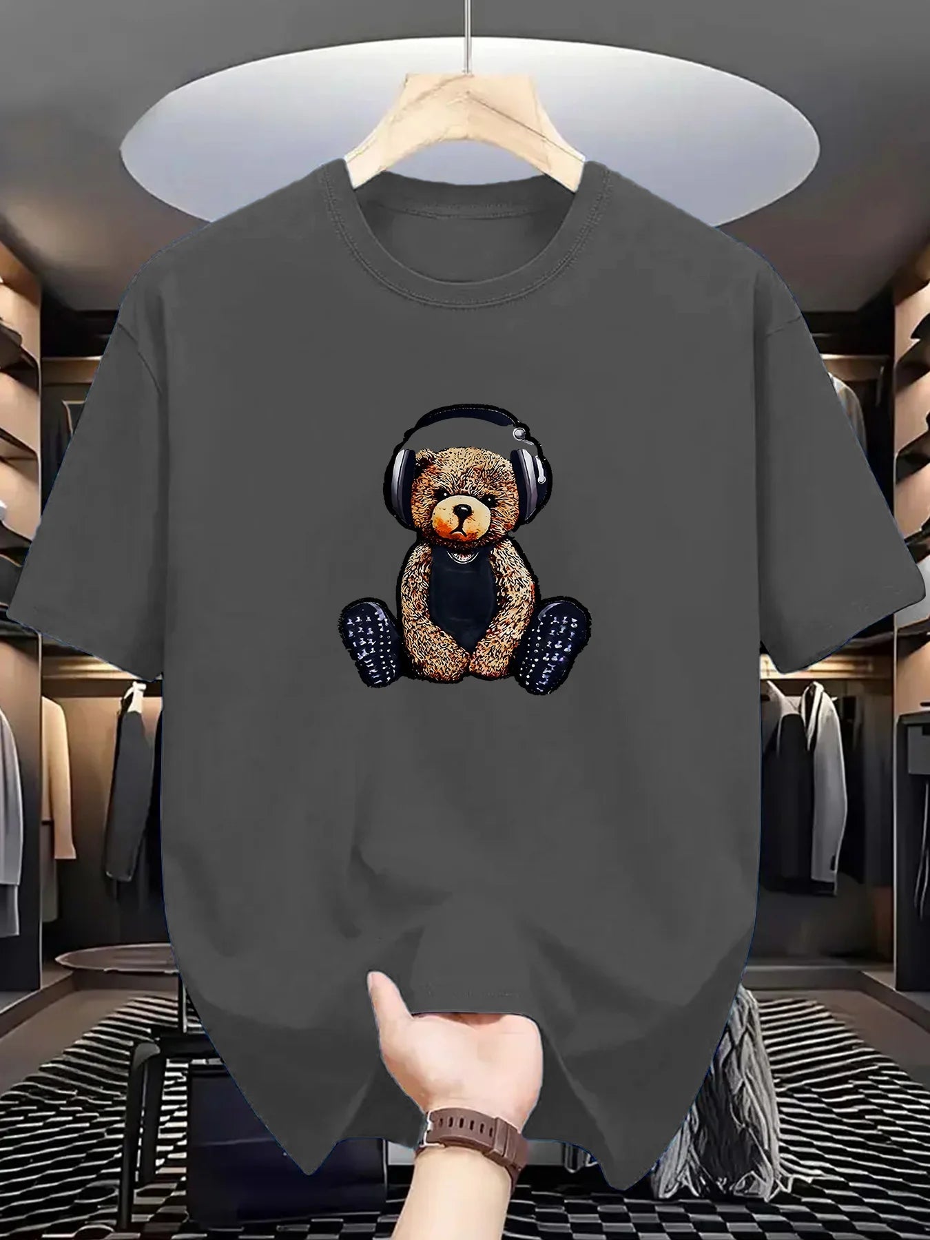 Men's Summer 100% Cotton Fashionable Casual Sports Loose Teddy Bear Headphones Print Round Neck Short Sleeve T-shirt Top