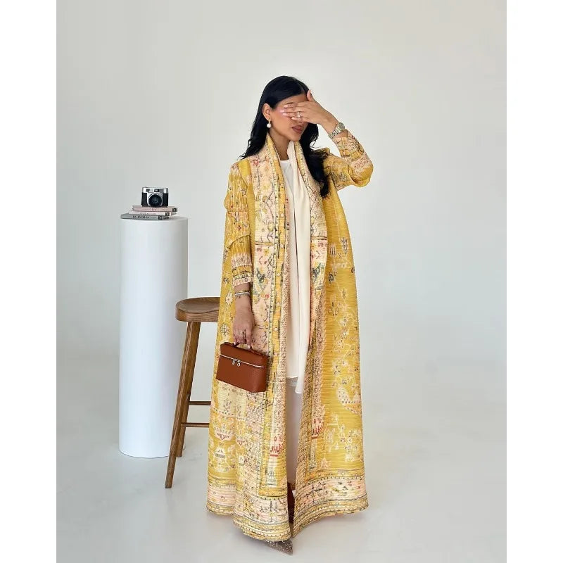 KAF Pleated Women Luxury Trench 2025 Spring Fall New Vintage Printed Cardigan Design Loose Large Size Arabian Female Abaya