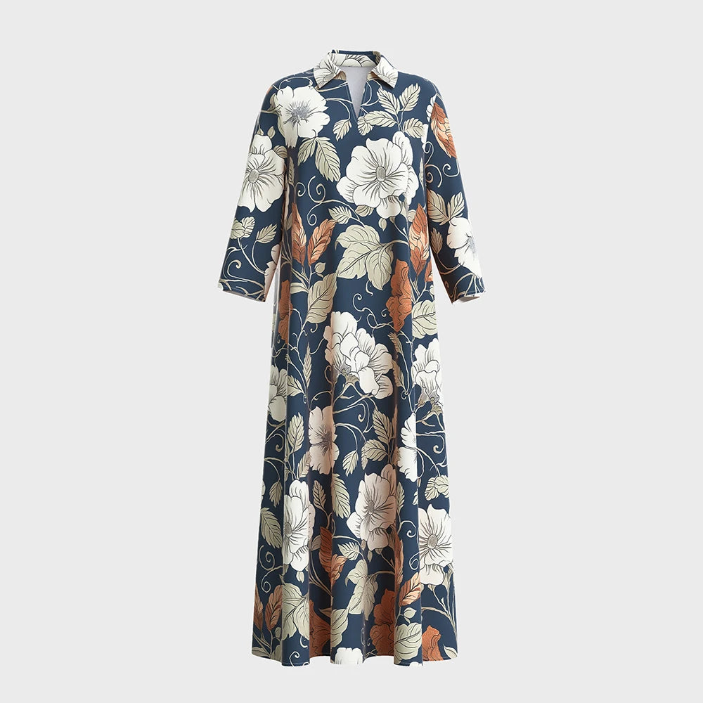 Rafiah Women's Summer Long Dress 2025 Arabian Dress Daily Basic V-Neck Long Sleeve A-Line Maxi Flower Print Casual Dress
