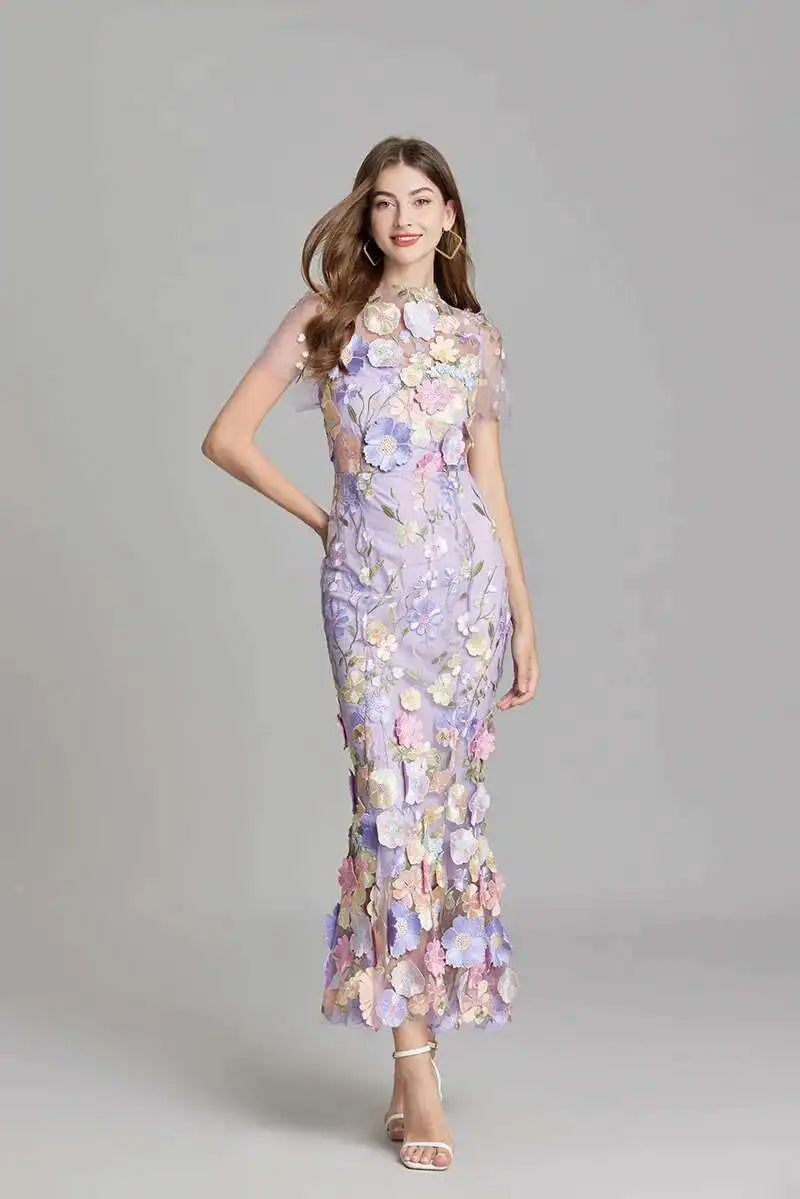 French Luxury 3D Flower Fishtail Lace Prom Dress – Women's Summer Short Sleeve Midi Evening Dress