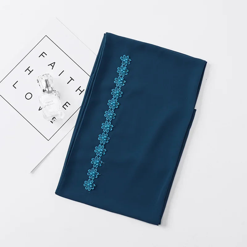 Muslim Hijab Plain Bubble Chiffon Long Scarf for Women Beading Lace Headscarf Arab Shawls African Hair Cover Wraps New Fashion