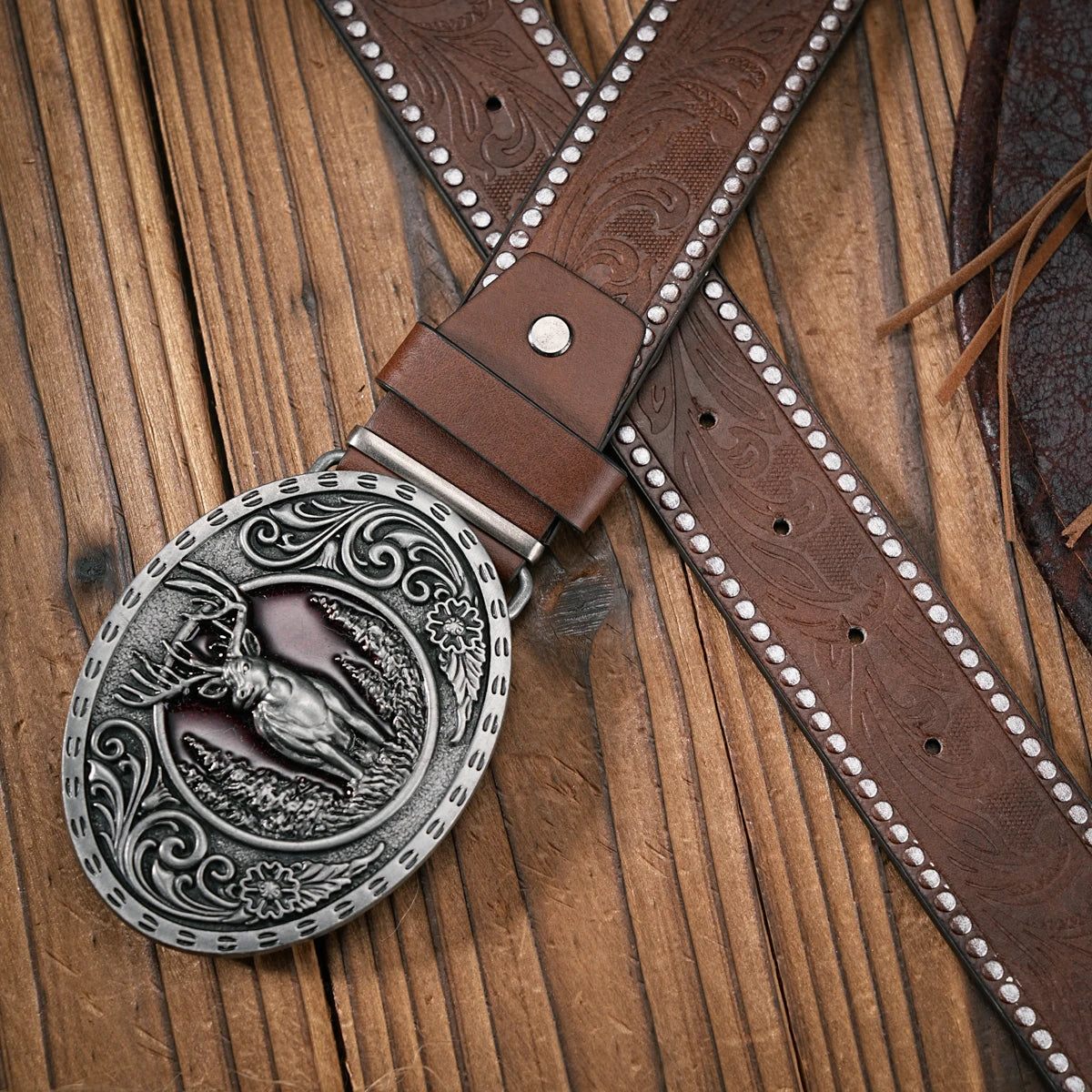 Men - Women - Western Denim - pu leather - Belt - Vintage jeans with floral carved buckle belt