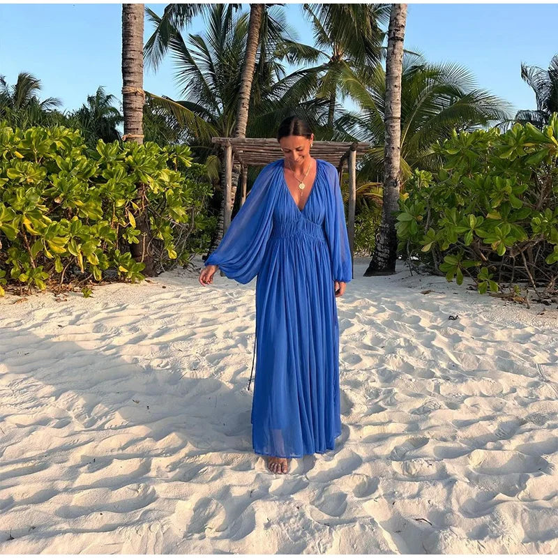 Elegant Pleated Lantern Sleeve Mid-Calf Dress – Women’s O-Neck Holiday Beach Outfit