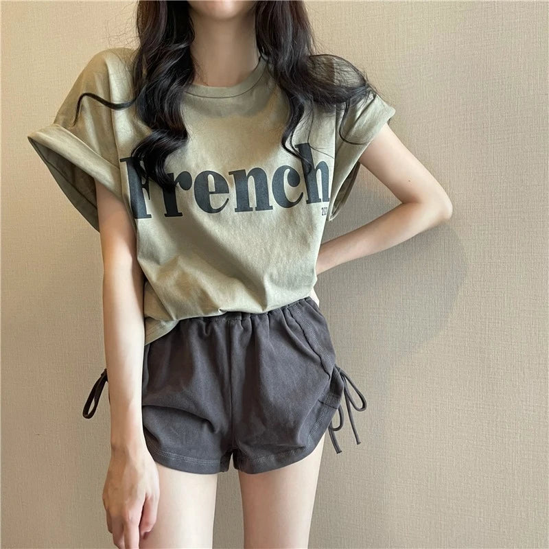 Loose ort Sve T-irt Women's Summer Thin Design Sense Hong Kong Sle Chic Retro Top Trendy round Ne Polyester ...
