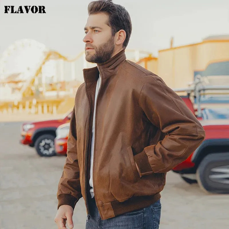 Men’s Pigskin Leather Bomber Jacket – Casual Stand Collar Leather Coat