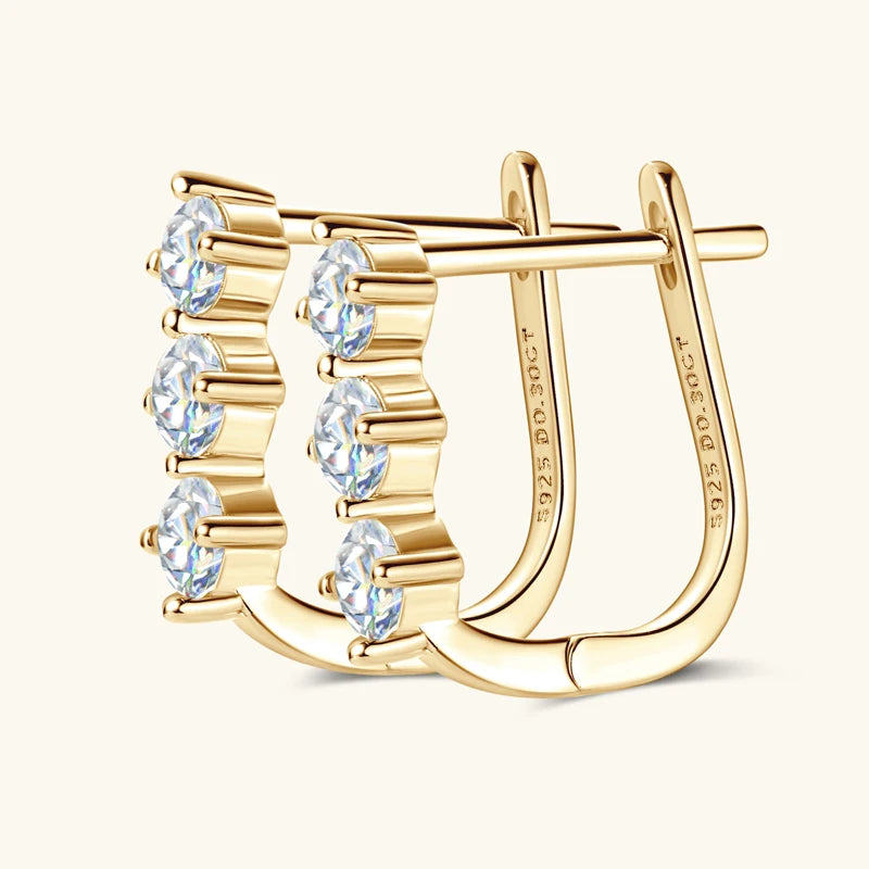 Lnngy Korean INS 3mm Three Stone Moissanite Earrings For Women 925 Sterling Silver U-Shaped Earrings Hoop Pendientes Jewelry