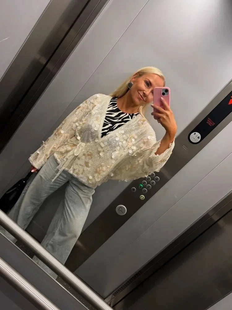 Elegant White Sequins Patchwork Lace-up Cardigan Coat For Women Long Sleeve V-neck Loose Coats Tops Trendy Streetwear Partywear