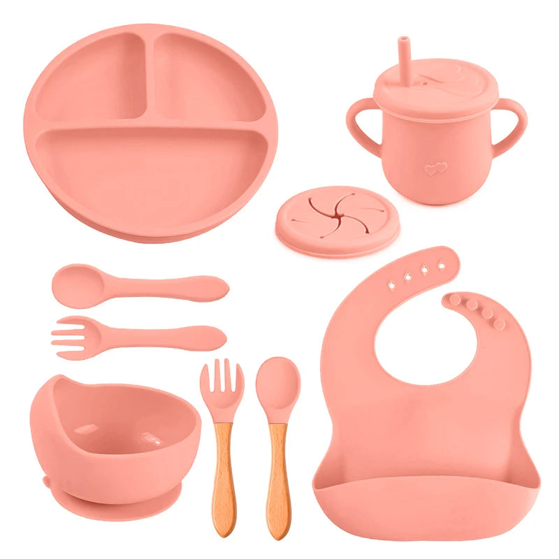 Mother Kids 8PCS Baby Silicone Feeding Set Bibs Sucker Dinner Plate Antislip Bowl Spoon Cup Children's Tableware Baby Stuff