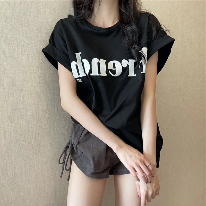 Loose ort Sve T-irt Women's Summer Thin Design Sense Hong Kong Sle Chic Retro Top Trendy round Ne Polyester ...
