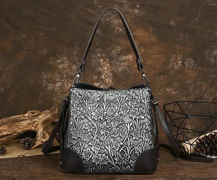 MOTAORA Retro Embossed Genuine Leather Women Shoulder Bucket Bag Luxury Cowhide Handbag Female New Large Capacity Crossbody Bags