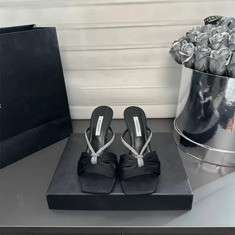 Leopard Satin Rhinestone One-Strap Sandals Women 2025 Summer New Bow Open-Toe Thin High-Heeled Slippers Casual Fashion pump