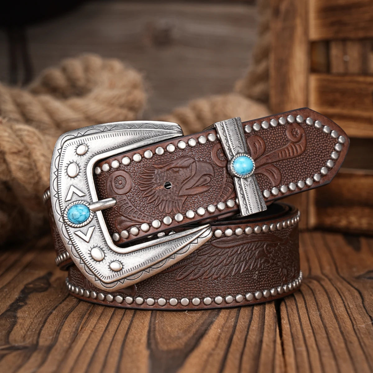Men Women-Western-Cowboy-PU Leather-Belts - Vintage Belt Floral Engraved Buckle Belt for Jeans