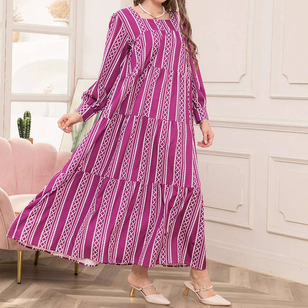 Rafiah Summer Arabian Dress 2025 Casual Basics Stripes Long Sleeve Square Neck A-Line Midi Long Dress For Women