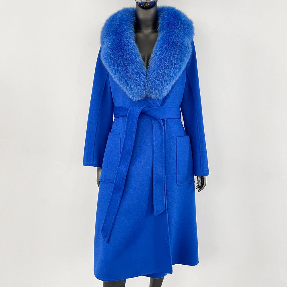 GENHUA 2025 New Casual Fur Coat for Ladies Winter Wool Long Fur Ladies Natural Real Fox Fur Collar Jacket for Ladies Warm Coat