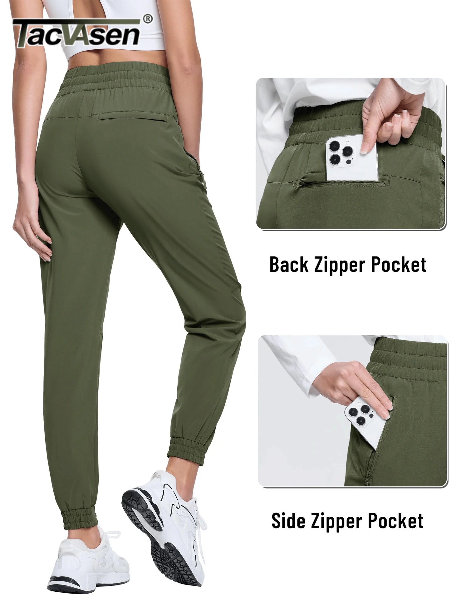 TACVASEN Quick Dry Hiking Pants Womens Outdoor Sports Drawstring Waist Joggers Waterproof Lightweight 3 Zipper Pockets Trousers