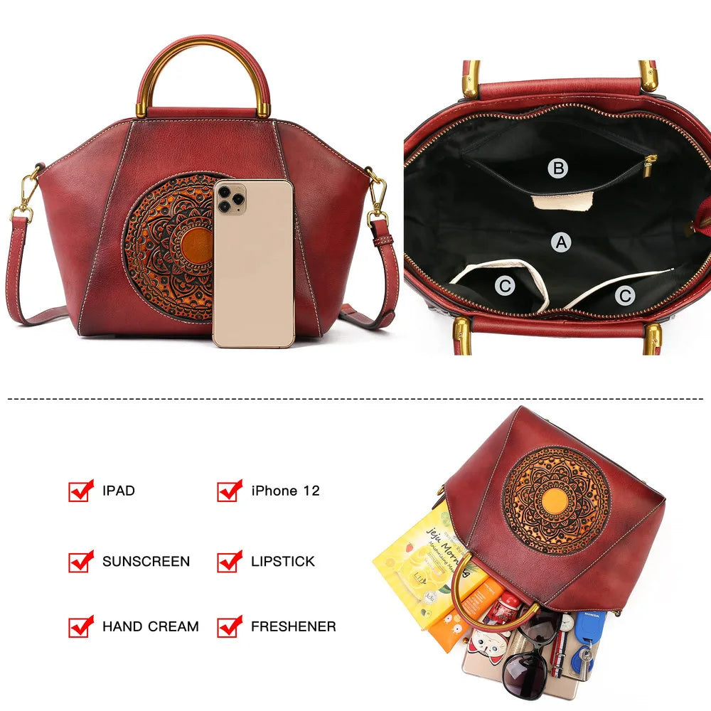 MOTAORA 2025 New Women Genuine Leather Handbags Organizer Retro Vegetable Tanning Leather Vintage Embossing Totem Shoulder Bag